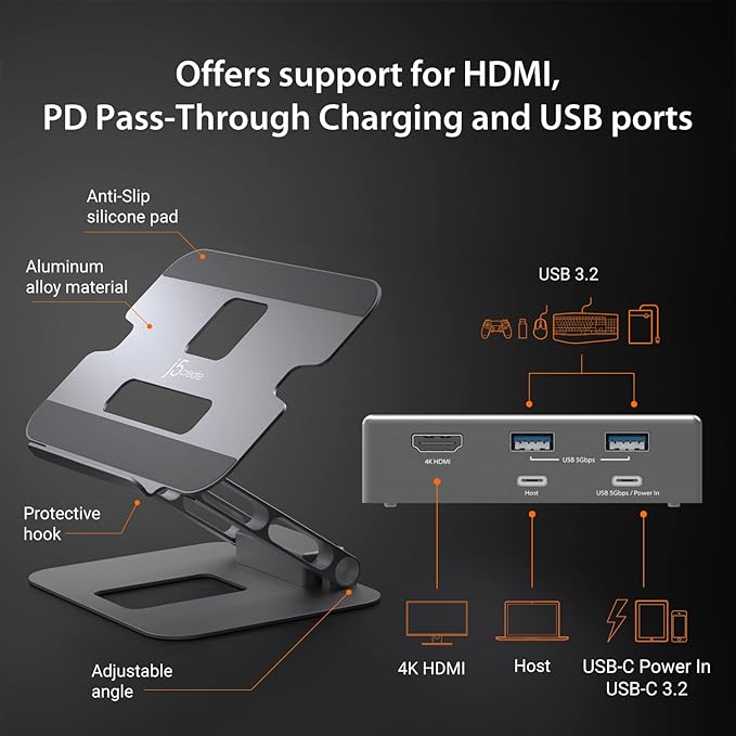 j5create Laptop Stand with USB C 4K HDMI Display Hub - 2 USB A 5Gbps PD 100W with USB-C 5Gbps | Aluminum Computer Riser for MacBook and Windows Notebook (JTS327)