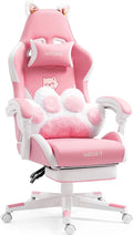 Gaming Chair Cute with Cat Ears Paw Lumbar and CushionErgonomic Computer Chair with FootrestReclining PC Game Chair for Girl Computer Chair 300lbs for Adult (White&ampPink)