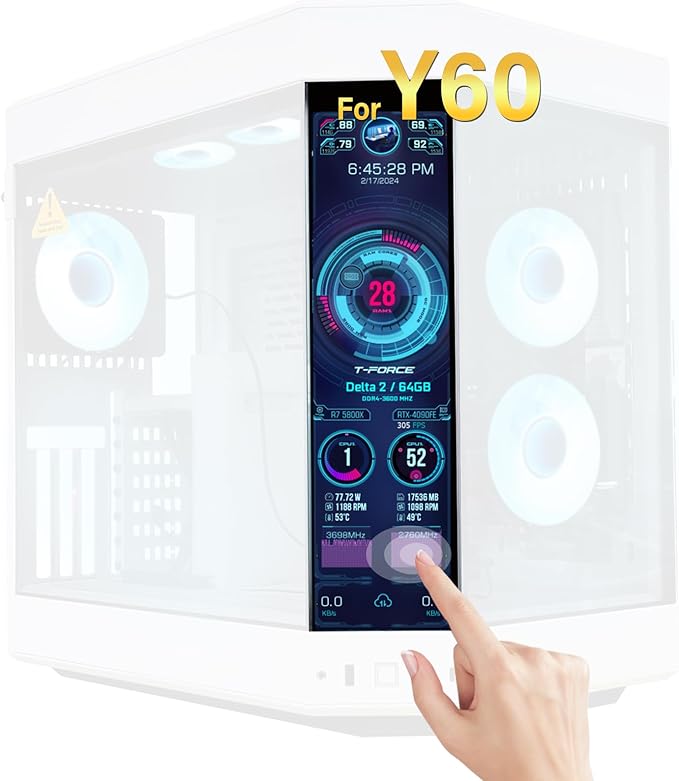 GeeekPi 12.6 Inch IPS LCD Touch Screen Monitor FHD 1920x515 Display Fit for Hyte Y60 PC Case CPU GPU Secondary Monitor Panel Built-in Dual Speakers Plug &amp Playwith up to 10-Points of Multi-Tou