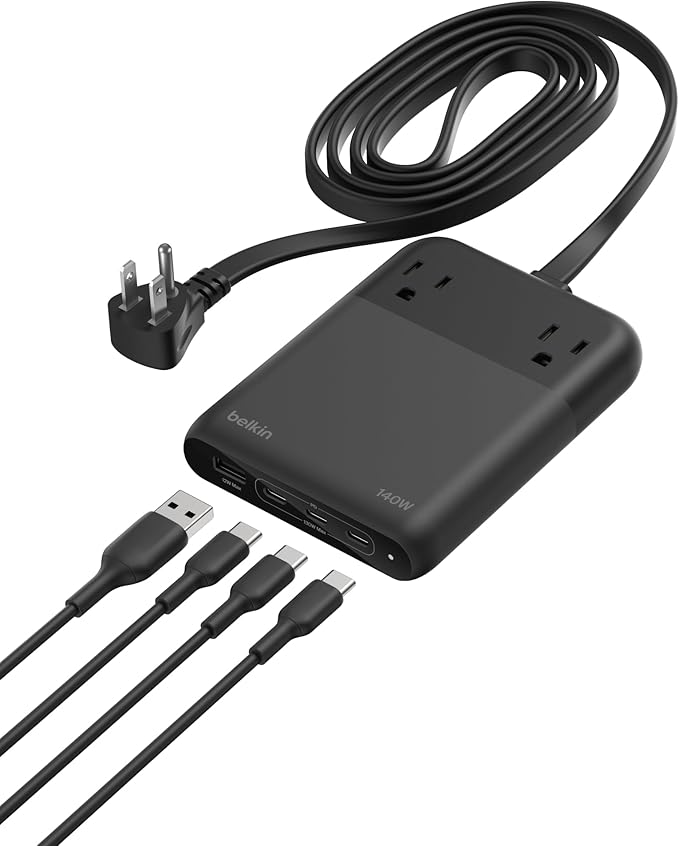 Belkin 2-Outlet GaN Charging Station 140W USB C Charger w/ 2X AC Outlets 3X USB C Ports and 1x USB A Port - Power Strip for iPhone Apple Watch iPad MacBook Chromebook Galaxy Pixel &amp More