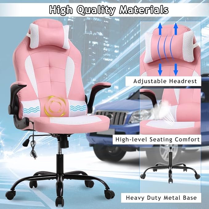 Ergonomic Gaming Office Chair - High Back Executive Computer Chair with Lumbar Support &amp Flip-Up Arms PU Leather Adjustable Swivel Chair for Women/Men Height Adjustable Massage Desk Chair (Pink)