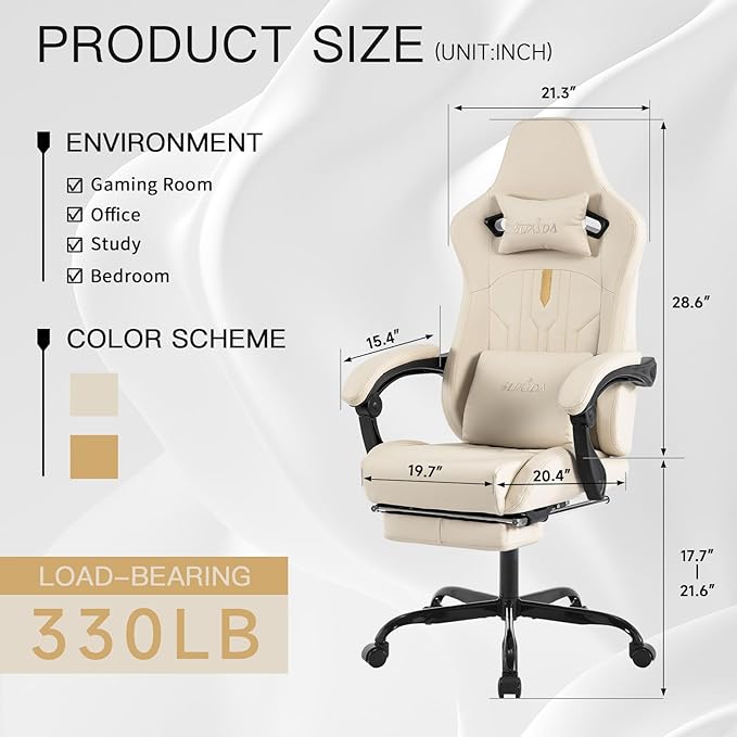 Gaming Chair with Footrest Ergonomic Computer Chair Massage Lumbar Cushion Racing Video Game Chair Adjustable Rocker Recliner Executive Office Desk Chair Pu Leather for Adults