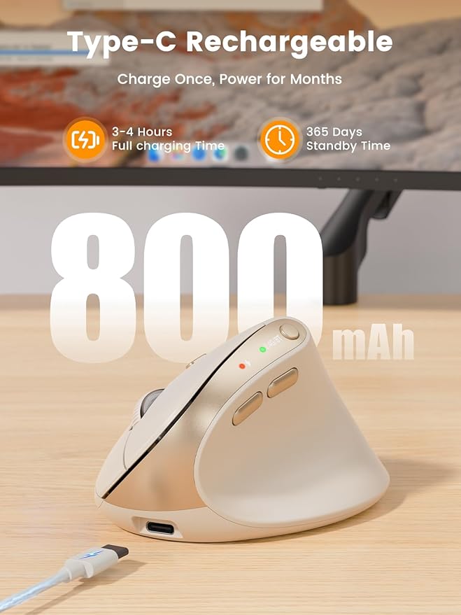 SABLUTE MAM3 Ergonomic Mouse Rechargeable Wireless Vertical Mouse with 4 Adjustable DPI for Small/Medium Hands Dual-Device Connectivity for Computer/PC/LaptopBluetooth Mouse for WindowMac OSBeige