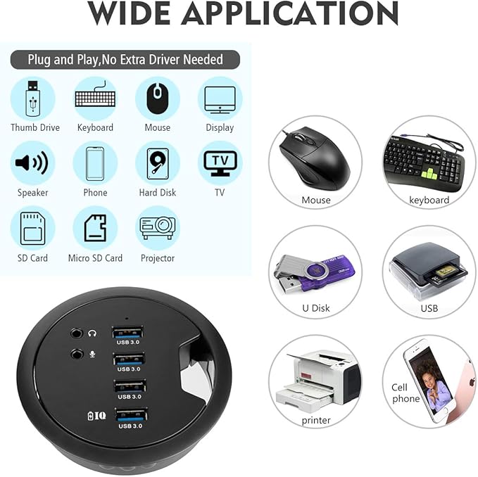 WDX Desk-Fit (Diameter 3.14 or 80MM) 4 Port USB 3.0 Hub with 3.5mm Audio Mic Phone Jack/BC 1.2 USB Charger 5V/2A Power Adapter for iPhone/Smart Phones(usb3.0 4 Port)(AC Power Supply Included)