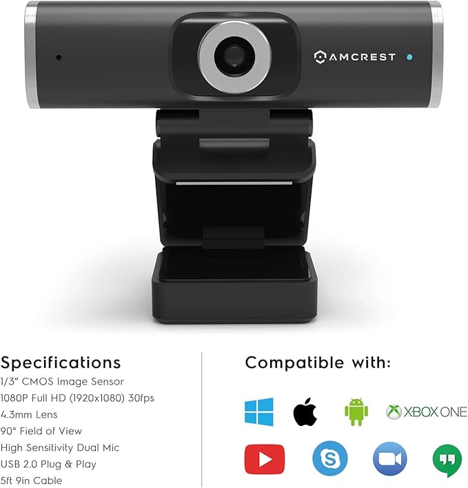 Amcrest 1080P Webcam with Microphone for Desktop Web Cam Computer Camera Streaming HD USB Web Camera for Laptop &amp PC with Privacy Cover Wide Angle Lens Superior Low Light (REP-AWC195-B) (Renew