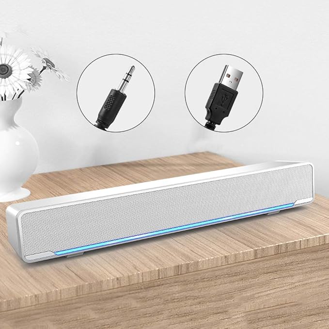USB Speaker Bar Computer Speaker for Desktop Laptop PC Speaker Small Soundbar with AUX/USB Connection Portable Mini Sound Bar(White)