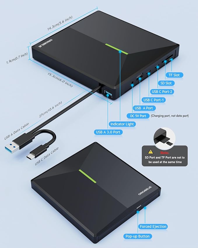 External CD DVD Drive with 4 USB Ports and 2 TF/SD Card Slots USB 3.0 Portable CD/DVD Disk Drive Player Burner Reader Writer for Laptop Mac PC Windows 11/10/8/7 Linux OS with Carrying Case