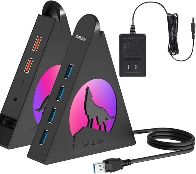 Powered USB Hub 3.0 6-Port Hub(4 USB 3.0 Data Ports + 2 Smart Charging Ports) with 48W AC Adapter RGB Wolf Light Compatible with PC Laptop Mac External Hard Drives PS4 Fast Charging for Phone
