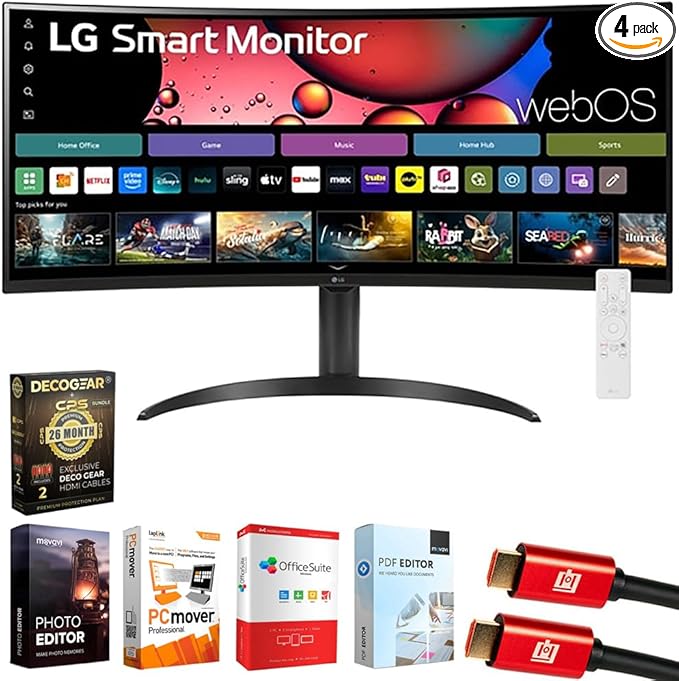LG 34SR65QC-B 34 Inch Smart Monitor WQHD 1440P Curved Screen with Adjustable Stand Bundle with Elite Suite 18 2X HDMI Cable and Deco Gear CPS Exclusive 26 Month Protection Pack (BEACH-CPS-26M500)