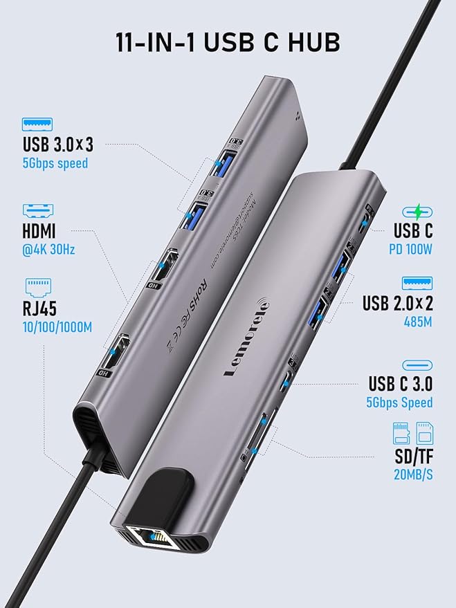 Aluminum Docking Station USB-C Hub with 2 HDMI Gigabit Ethernet 4 USB A USB-C 3.0 PD 100W SD/TF 1000Mbps RJ45 LAN Dock Adapter for MacBook Docking Station Laptop Supports 2 Monitor