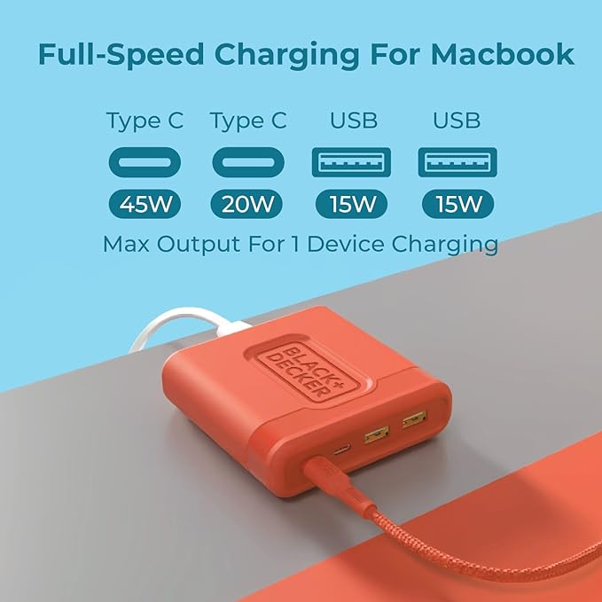 BLACK+DECKER USB C Fast Charger 65W 4 Port Type USB C Charging Station Hub Block TypeC Wall Charger Power Strip Adapter Plug 2 USBC 2 USBA for iPad iPhone 17 16 15 14 Pro Max Pixel Note Galaxy Coral