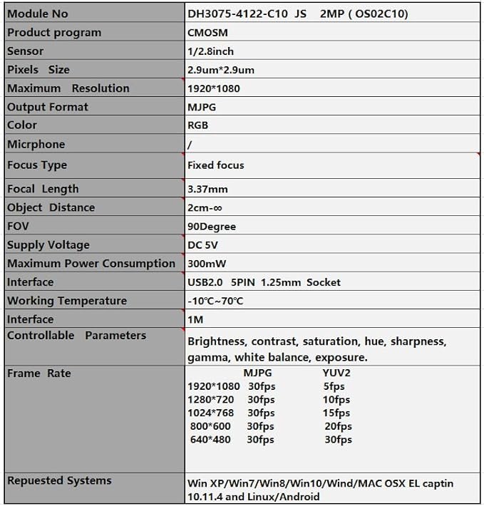 OS02C10 30fps 2MP HD 1920 * 1080 USB Camera Module Starlight Low Illumination UVC OTG Video Webcam MJPEG YUY2 PCBA
