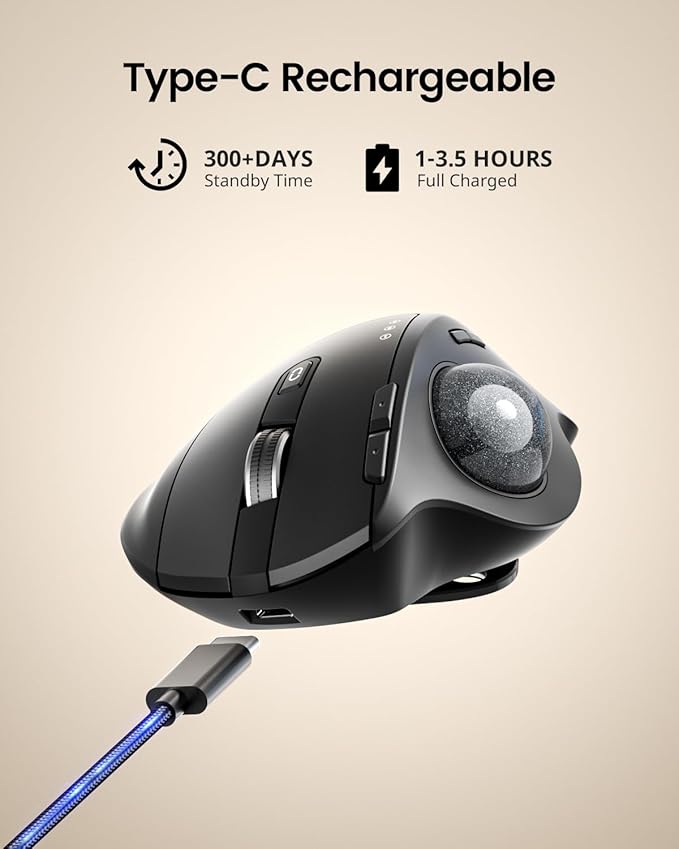 ProtoArc Wireless Trackball Mouse EM01 NL Ergonomic Bluetooth Rollerball Thumb Rechargeable Computer Laptop Mouse Adjustable Angle &amp 3 Device Connection for PC Mac Windows-Gray Ball