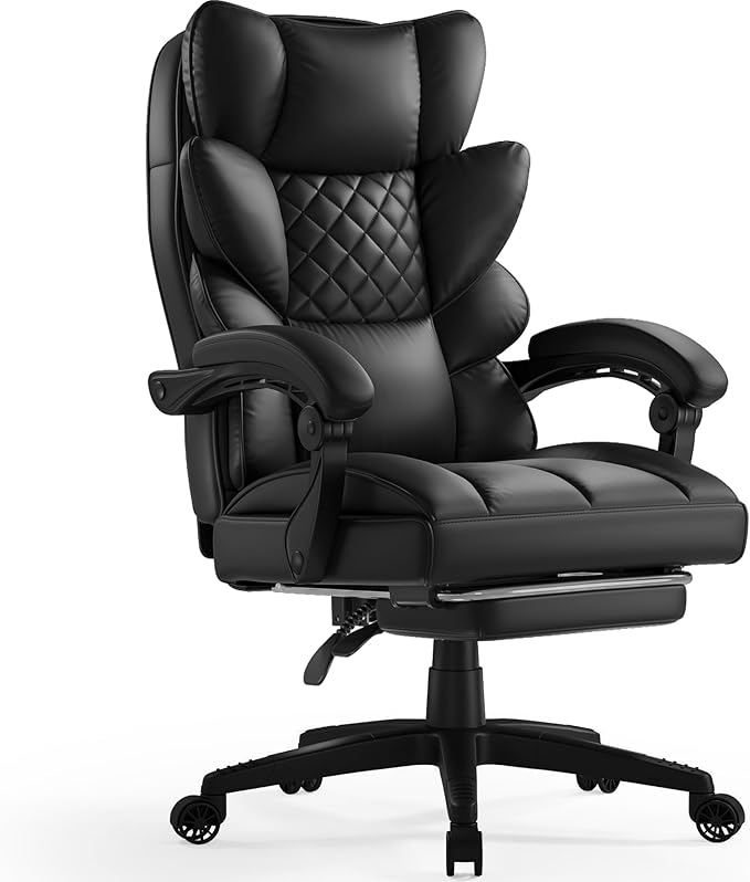 Dowinx Big and Tall Office Chair with Pocket Spring CushionHigh Back Computer Gaming Chairs with Linkage ArmrestsExecutive Desk Chairs with FootrestPU Leather-Black