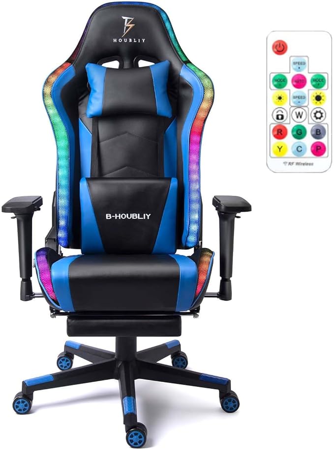 TBQATNTS Ergonomic Massage Computer Gaming ChairGaming Chair with Led Lightswith Speakers Music Video Game Chairwith Footrest High BackRGB Led LightsSeven Point Massagefor GamingBlue