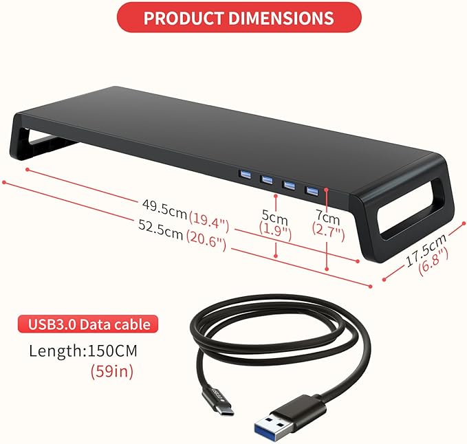 Monitor Stand Riser for Desk 4 USB 3.0 Hub Desk Monitor Riser Laptop Riser Stand20.6*6.8Inch (USB 3.0 Balck)