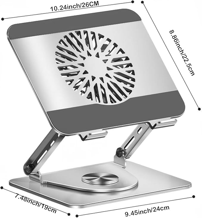 360° Rotating Adjustable Laptop Stand with Cooling Fan Foldable Dual-Bar Support Height Tilt Angle Cooling Laptop Stand for Desk Pad Laptop Riser Heat Dissipation Stand Fit 10-17.3 Device