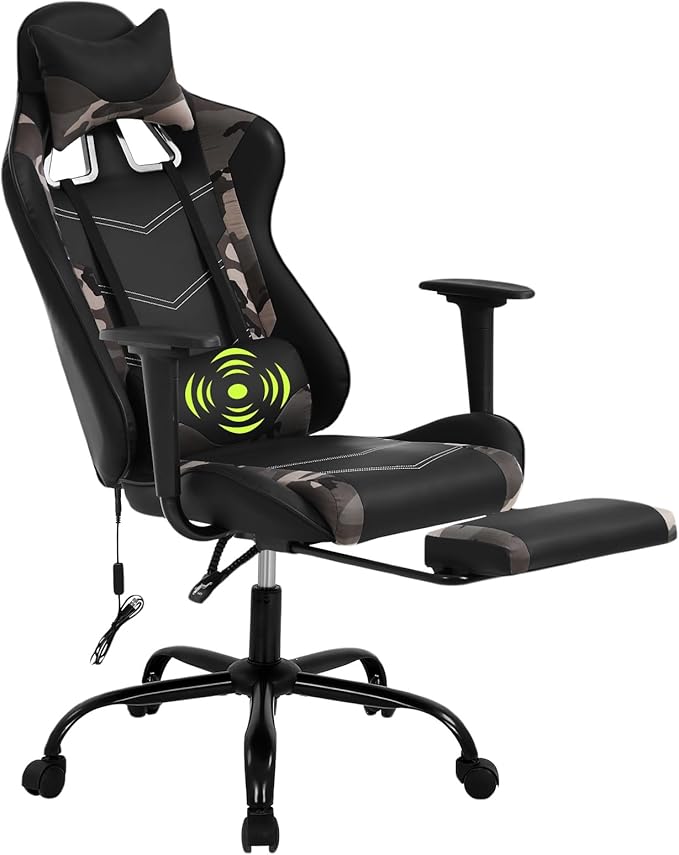 Gaming Chair with Massage &amp Footrest - Ergonomic Racing Office Chair for Adults Women Gamers - Adjustable Reclining PC Gaming and Home Office Desk Chair with Lumbar Support Camo