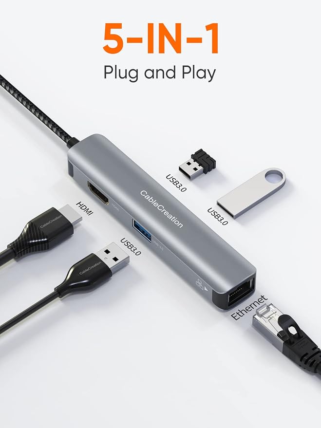 USB C Hub Multiport Adapter CableCreation 5-in-1 USB C Adapter Aluminum Shell with 4K HDMI 1Gbps Ethernet 3 USB 3.0 Ports for MacBook Pro/Air 2020/2019 iPad Pro 2020 Surface Go XPS