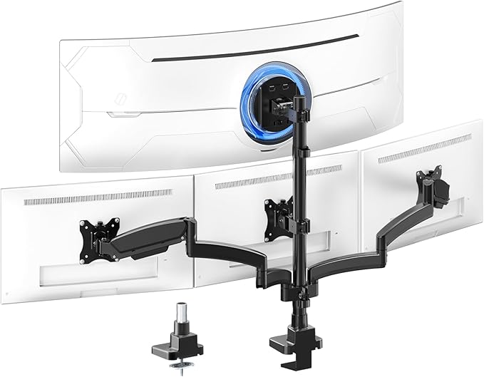 PUTORSEN Quad Monitor Mount for up to 49’’ Ultrawide on Top Bracket and 27’’ Screens on Lower Brackets Holds up to 44lbs Quad Monitor Stand with Gas Spring C-Clamp &amp Grommet Base