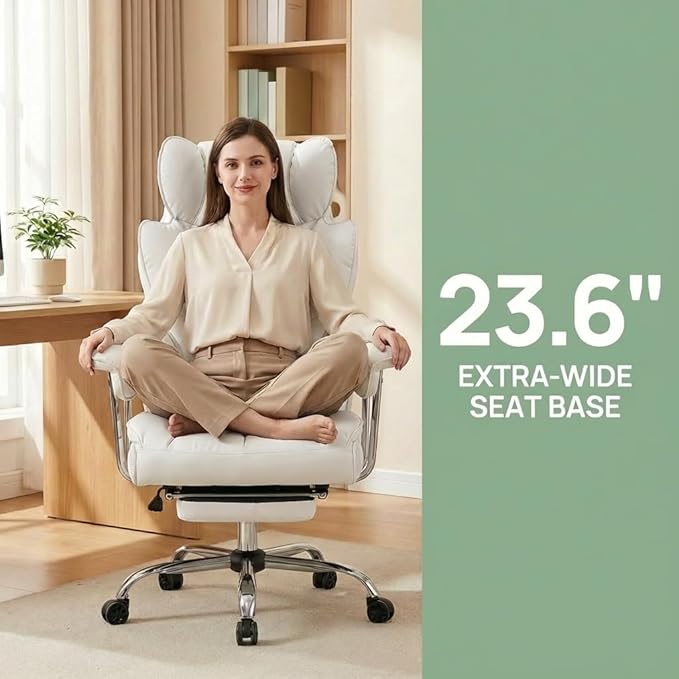 Big and Tall Office Chair 400lbs - Heavy Duty Executive Desk Chair with Footrest High Back PU Leather Ergonomic Computer Chair with Extra Wide Seat &amp Thick Cushion for Home Office (White)