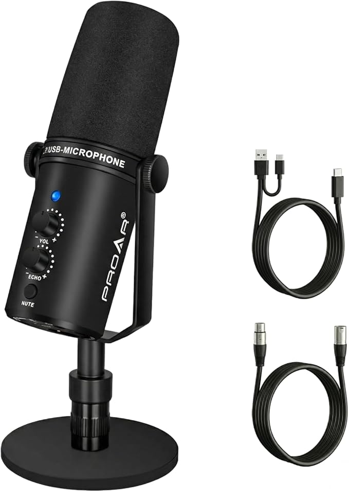 XLR/USB Dynamic MicrophonePC Computer Microphone for PodcastingVocal RecordingLive StreamingGamingVoice-OverAll Metal Professional Studio Mic Kit with Noise CancellingUSB-C Port