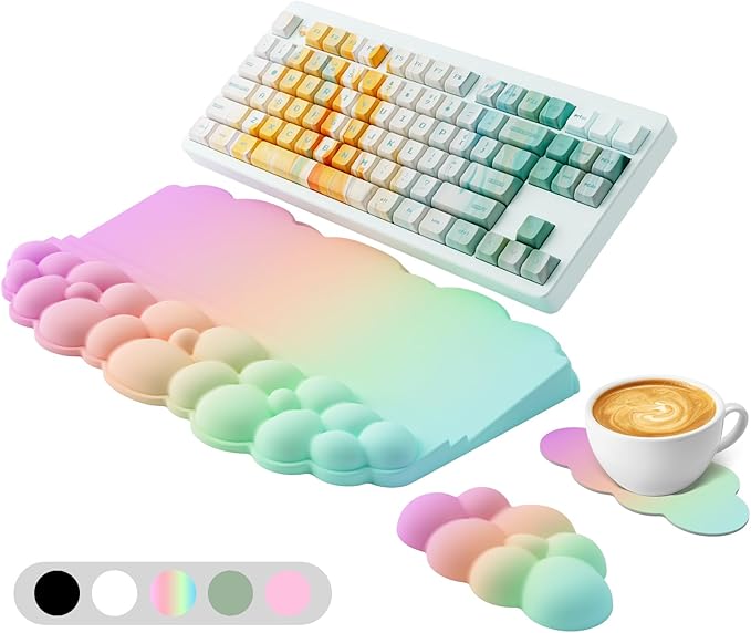 Ergonomic Wrist Rest for Keyboard Soft Memory Foam Cloud Keyboard Stand Pad with Wrist Rest Set with Non-Slip Silicone Base Easy Typing Pain Relief Comfort for Computer Laptop Mac - Rainbow