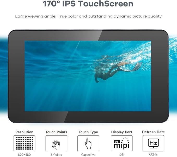 7 Inch Touchscreen IPS DSI Display Compatible with Raspberry Pi 5 800x480 Capacitive Screen MIPI DSI Driver-Free Interface