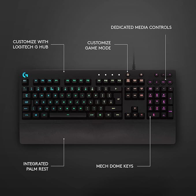 Logitech G213 Prodigy Gaming Keyboard - Wired RGB Backlit Keyboard with Mech-Dome Keys Palm Rest Adjustable Feet Media Controls USB Compatible with Windows – Black
