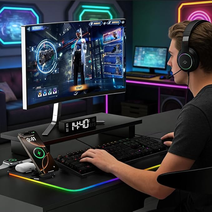 HomeBeyond RGB Gaming Mouse Pad Wireless Charging Mouse Mat Fast Charging for Phones Earbuds &amp Apple Watch 15 Dynamic Lighting Modes 31.5''x11.8'' Large Keyboard Pad with Magnetic Phone Holder