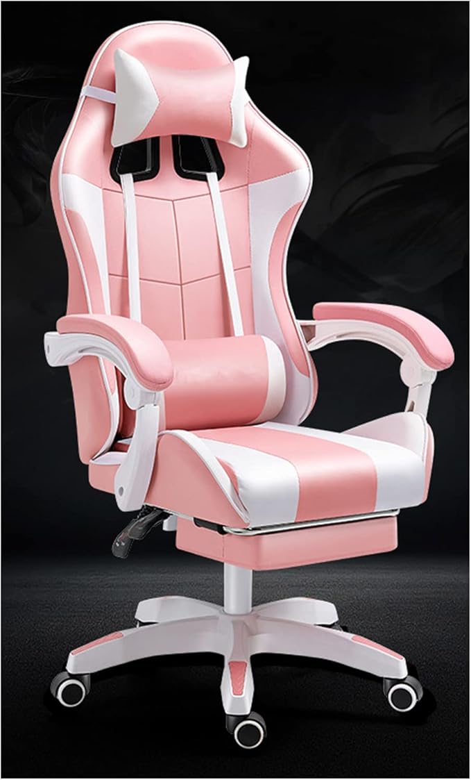 Gaming Chair with Footrest Gamer Chair with Lumbar Support and Headrest Height Adjustable Office Chair with 360°-Swivel Seat Pink