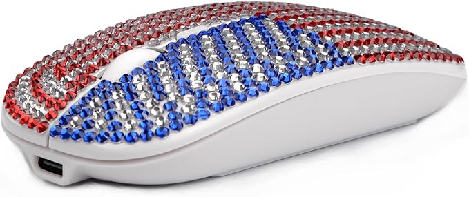 WONGS American Flag Bling Luxury Crystal Rhinestone Rechargeable 2.4G Wireless Mouse for Laptop Computer Cute USA Star Stripes Mouse for Girls - Flag White
