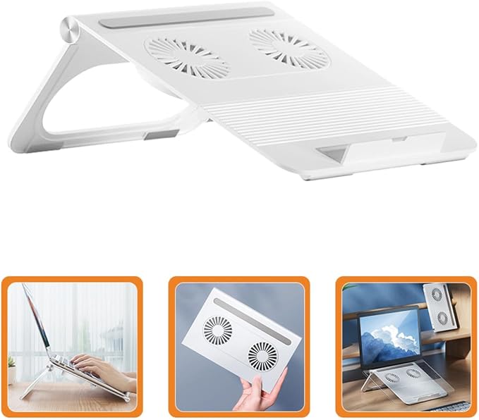 Veemoon Adjustable White Laptop Stand with Dual Cooling Fans Foldable Notebook Holder for Home and Office Use Ergonomic Computer Cooling Rack Compatible with Laptops