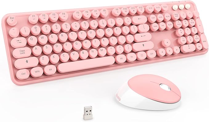 Kootop Wireless Keyboard Cute Colorful 104 Keys Typewriter Retro Round Keycaps Keyboard for PC LaptopDesktopWindows Home and Office Keyboards (Pink)
