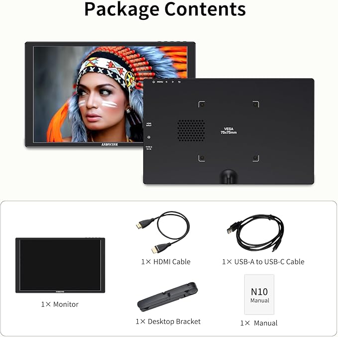ANDYCINE N10 10.1inch 1920x1200 Touchscreen HDMI Monitor with Build-in Speakers 75mm Vesa H/V Rotation Mirror Function Support HDCP Teleprompter Monitor Compatible for for LaptopPCGame Consoles