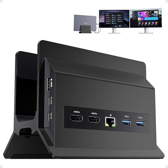 USB C Laptop Docking Station Dual Monitor 11 in 1 Vertical Dock with 2 HDMI 4K 3 USB A/C 10Gbps 2USB-A 5Gbps USB A 2.0 Ethernet Docking Station Stand for Type-C Laptops - Black