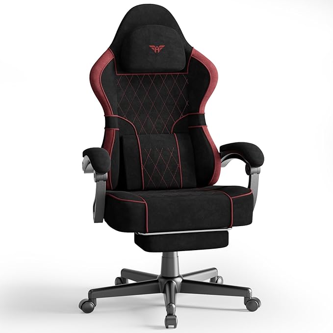 Ferghana Velvet Fabric Ergonomic Gaming Chair with Footrest and Linkage Armrest High Back Computer Game Chair with Massage Lumbar Support for Adult(Black/Red)