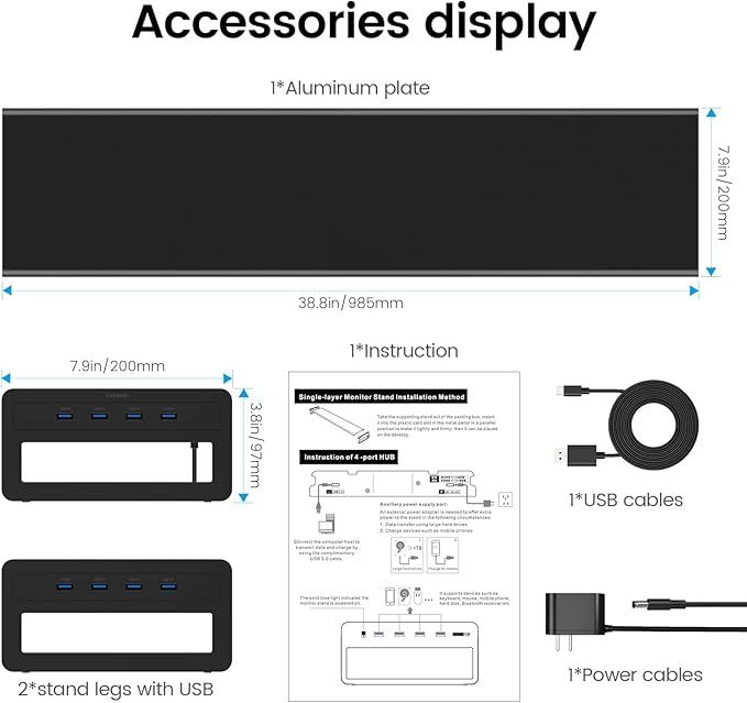Vaydeer Dual Monitor Stand Computer Riser with USB 3.0 Hub Ports Double Metal Stand for 2 Computer TV PC Printer Multi Media Speaker Multifunctional Desktop Organizer