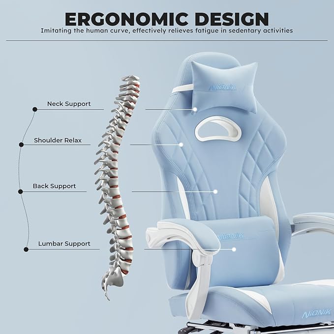 Gaming Chair with Footrest and Massage Lumbar Support Ergonomic Computer Gamer Chair Office Video Game Chairs (Cyan White)