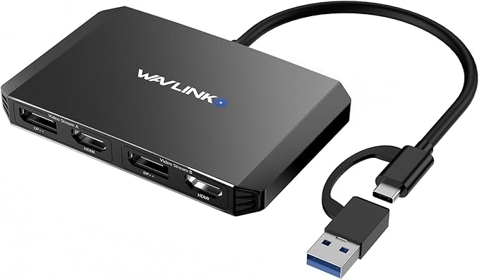 WAVLINK USB C and USB 3.0 to Dual 4K DisplayPort/HDMI Adapter Displaylink Monitor Splitter Extended Display for Dual Monitor 4K@60Hz HDMI/DP Splitter Compatible with Mac M1-M4Window Laptop-Black
