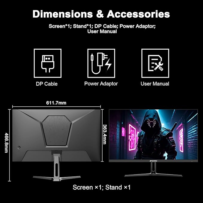 SANSUI 27 Inch WQHD 2560 x 1440 IPS Gaming Monitor 200Hz 180Hz 1ms Computer Monitor DP 1.2 x2 | HDMI 2.0 x2 | VESA Mount 120% sRGB HDR Eye Care Metal Stand (DP Cable Included)