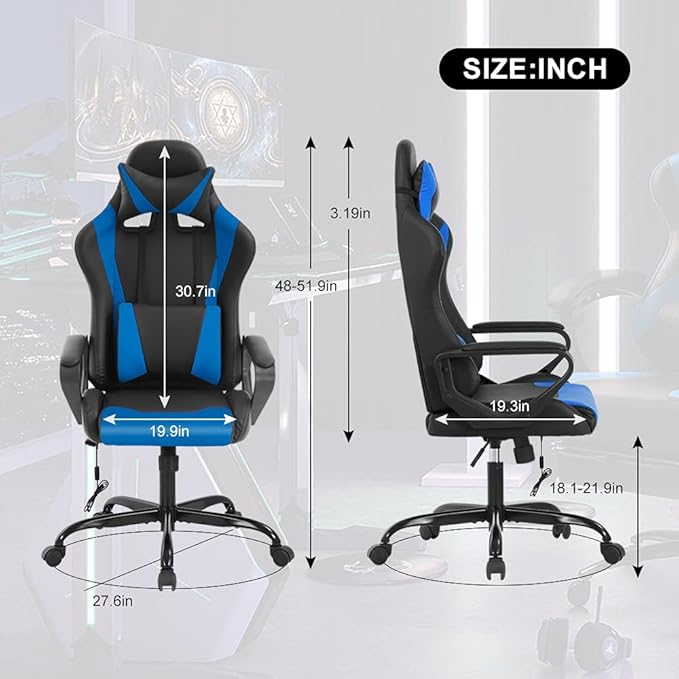 PC Gaming Chair Office Chair Racing Desk Chair with Lumbar Support Arms Headrest Massage High Back PU Leather Ergonomic Computer Chair Rolling Adjustable Swivel Chair for Women Men Adult Blue