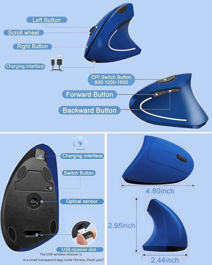 Ergonomic Mouse Wireless Rechargeable Mouse Silent for Carpal Tunnel Right Hand 2.4GHz USB Vertical Mouse Wireless for Laptop etc 3 Adjustable 800/1200/1600 DPI Blue