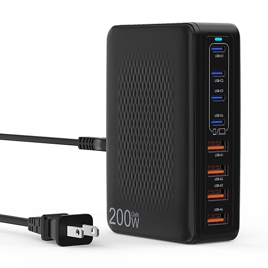 USB C Charger Block 200W 8 Port USB C Charging Station GaN Type C &amp A Charger Fast Charging Desktop Hub PD Block Laptop Adapter for Apple iPhone Air 17 16 15iPad Pro/Air/MiniMacBook Pro/AirGa