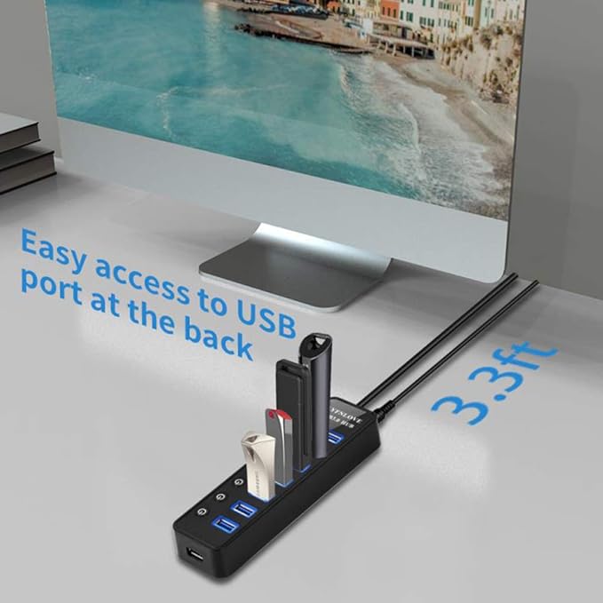 Powered USB Hub 3.0 Extender Multiple Port Hub Splitter for Laptop PC with Power Adapter and Charging Port USB Expander with On/Off Switches for MacBook iMac Surface Pro