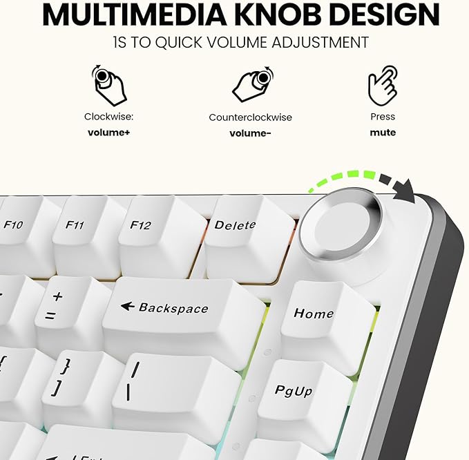 EWEADN GS75 Wireless Mechanical Keyboard ASMR 75% Gaming Keyboard Gasket Hot Swappable Custom Keyboards with RGB Knob PBT Keycaps BT5.0/2.4G/USB-C Creamy Keyboards White