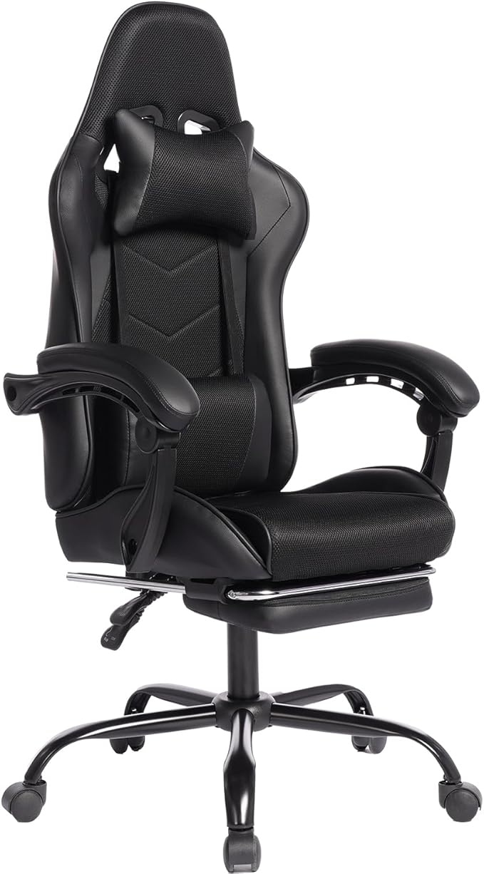 2026 Ergonomic Gaming Chair with Massage Lumbar Support &amp Footrest - Racing Style Office Chair for Esports Work from Home and Relaxation - Adjustable Recliner with Sync-Tilt Armrests (Black)