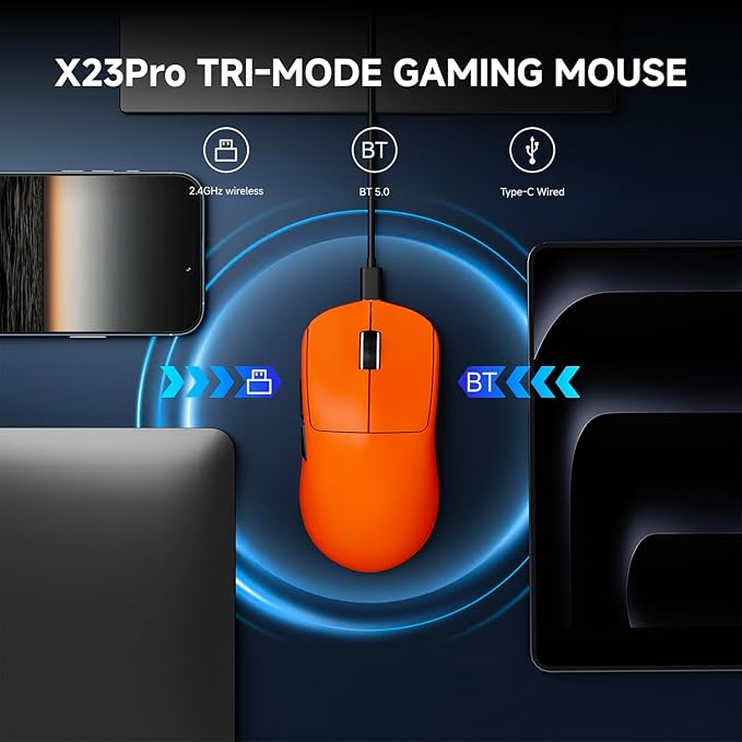X23Pro Wireless Gaming Mouse 2.4G/BT5.0/USB-C Esports Gaming Mouse 800mAh Rechargeable Lightweight Mouse Gaming 12000 DPI Wireless Mouse with 6 Programmable ButtonsFor Laptop/PC/Mac Orange