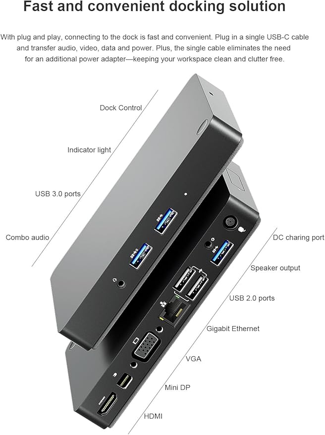 WD15 USB-C Docking Station - Dual 4K Displays or Single 4K Display with MiniDP HDMI VGA for Dell USB-C Laptops (1DP 1HDMI 1VGA 3USB3.0 2USB 2.0 1Audio 1Speaker Out)
