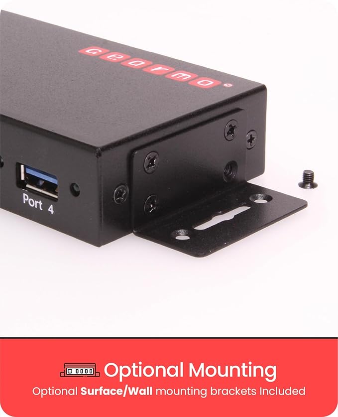Gearmo 4 Port USB 3.0 Hub w/ESD and Surge Protection Wall and Desk Mount Ready USB-A Hub Includes 12V/2A Power Adapter and Terminal Block for Versatile Power Input